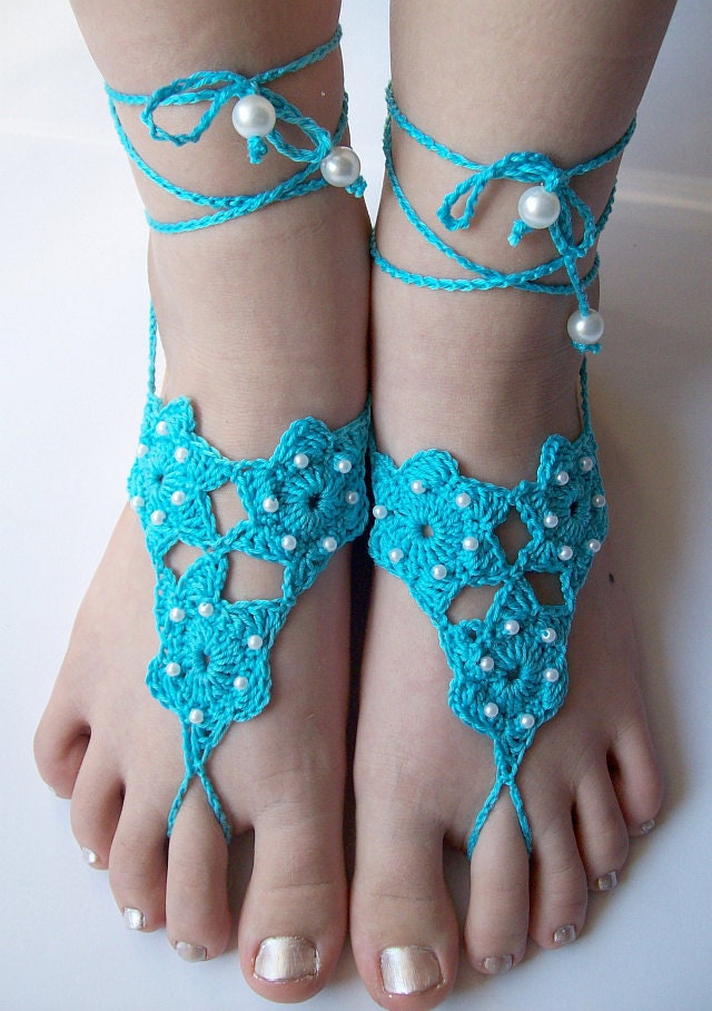 Sexy torquoise crocheted barefoot sandals steampunk, victorian lace, sexy, yoga, anklet ,wedding, beach or pool party- Ready to Ship