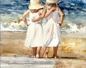 BEACH SISTERS HUG Children 11x15 Giclee Watercolor Print - steinwatercolors