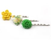 Floral Bobby Pin Set - Hair Pins - Yellow, White and Green - Carlina
