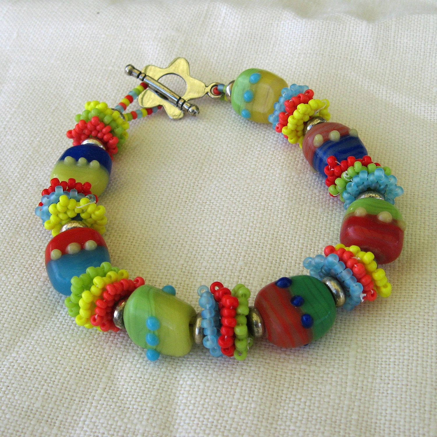 CLEARANCE SALE Glass Lampwork Seed Beads Bracelet Bright Colors Yellow Coral Blue Green Red Handmade Fashion Summer Spring Mom