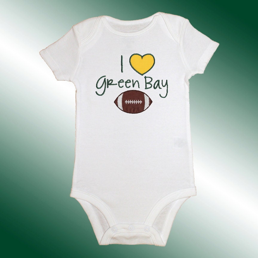 Onesie Bodysuit Baby Shirt - I Love Green Bay Football Applique - Embroidered Short or Long Sleeved - Free Shipping