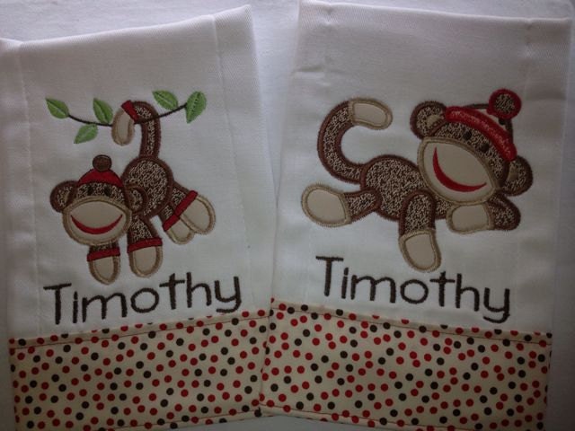 Sock Monkey Burp Cloth Set Custom Personalized Handmade Boutique Monogrammed Embroidered
