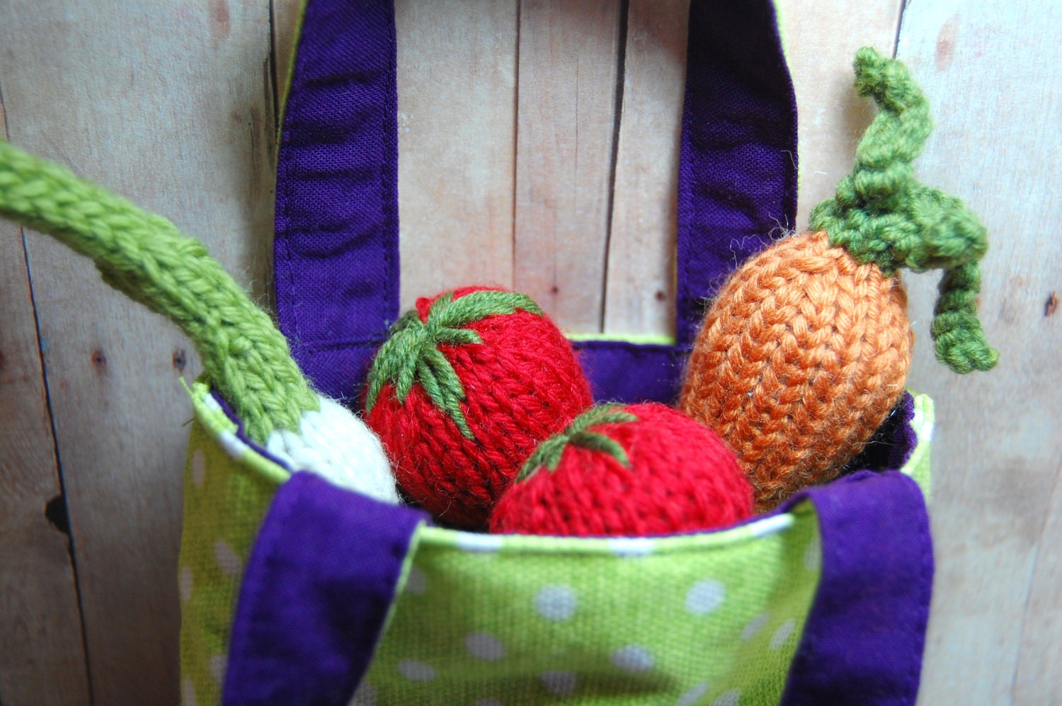 Play Food Strawberries Carrot Onion Waldorf Knit Veggie Fruit Farmers Market Bag Eco Friendly Natural Pretend Play Kitchen Set