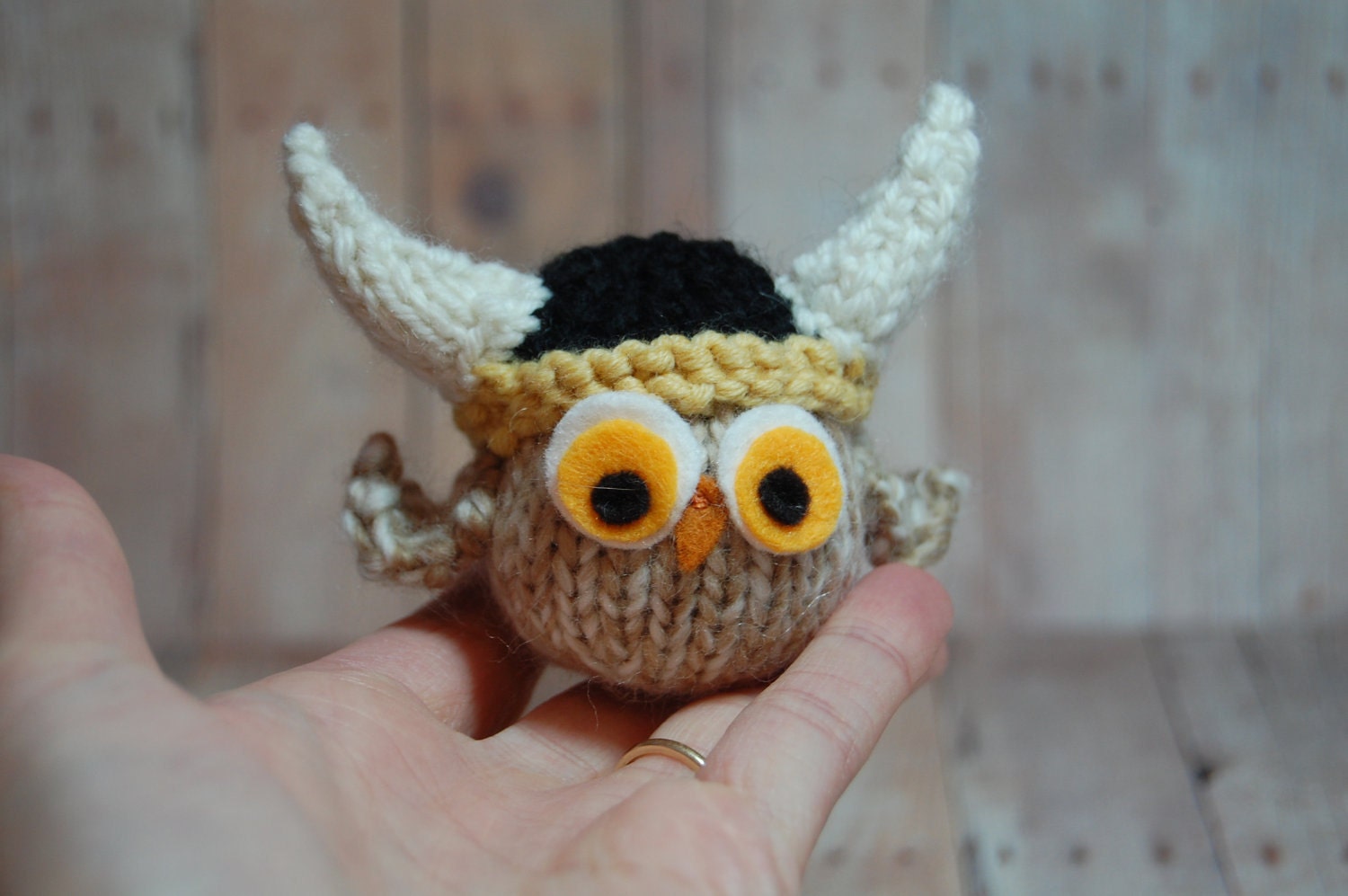 Owl with Viking Hat Toy Knit Woodland Bird Waldorf Viking Owl Plush Softie Ornament Decor Natural Fibers