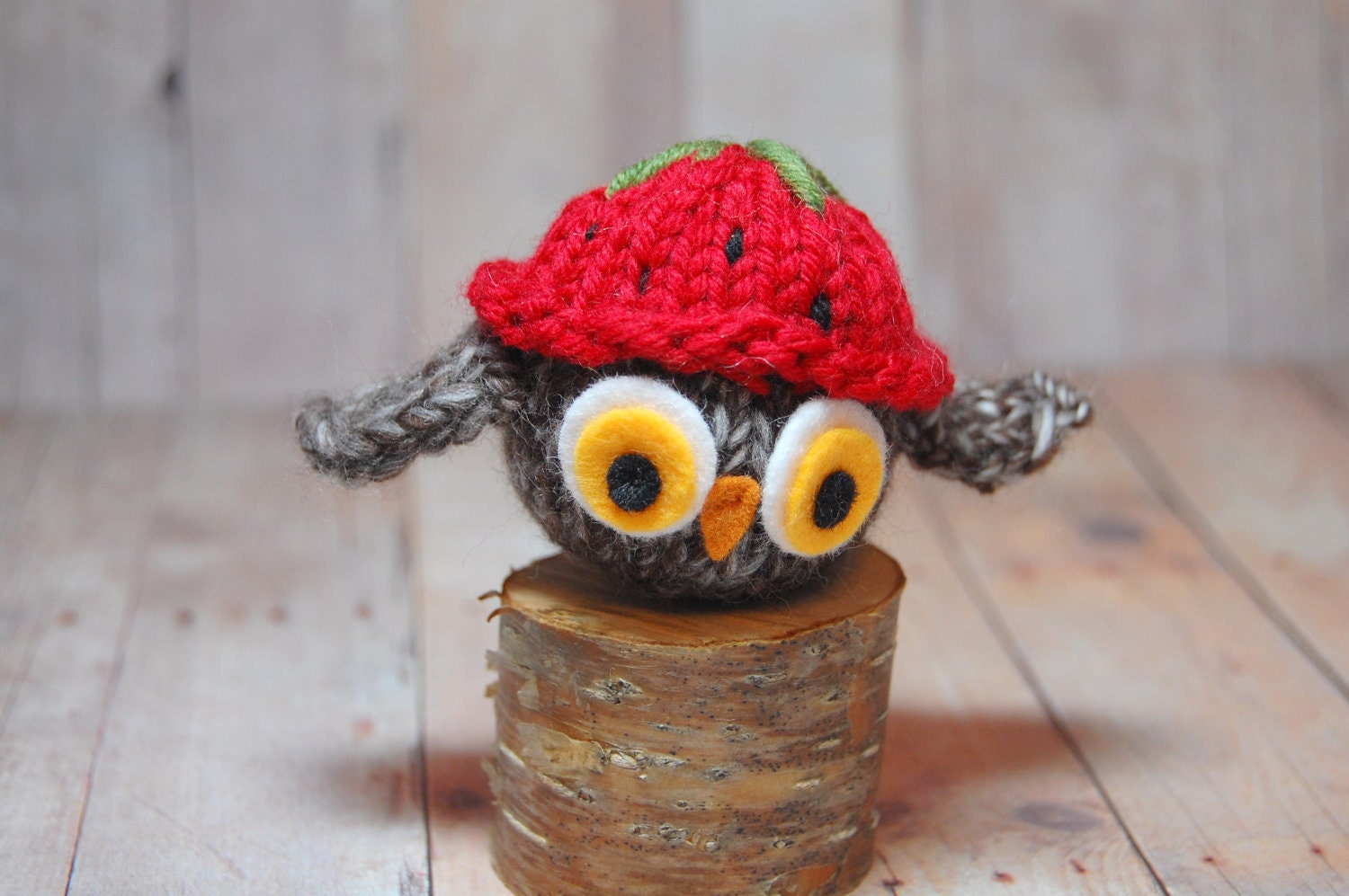 Owl in Strawberry Hat - Ornament - Strawbery - Natural Fibers - Toy - Wool- Knit - Red - Brown