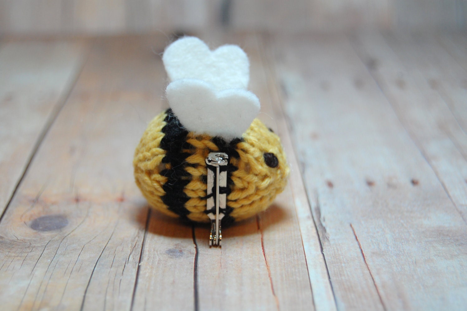 Bee Brooch- Bumble Bee Lapel Pin - Knit - Mother's Day - Easter - Spring - Natural Fibers - Yellow - Black - Stripes - Red - Crown