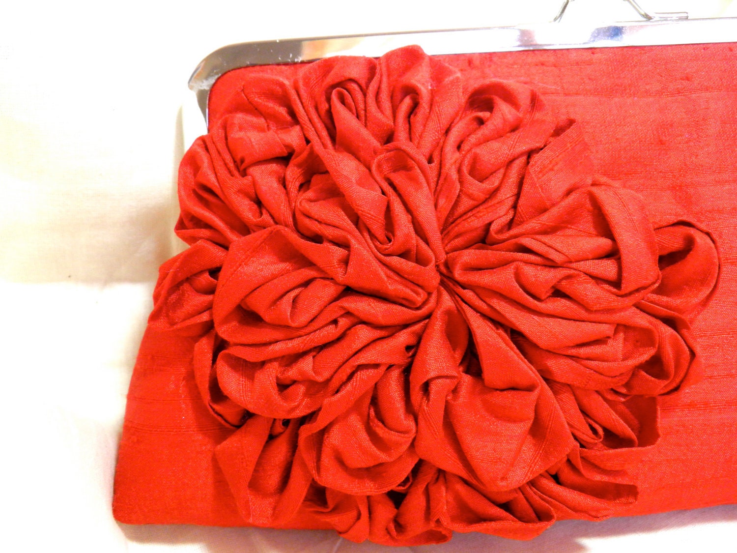 10" Red Silk Clutch with Ruffle Flower - Custom