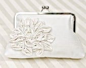 8" Ivory Bridal Silk Clutch with Ruffled Flower and Freshwater Pearls - Custom