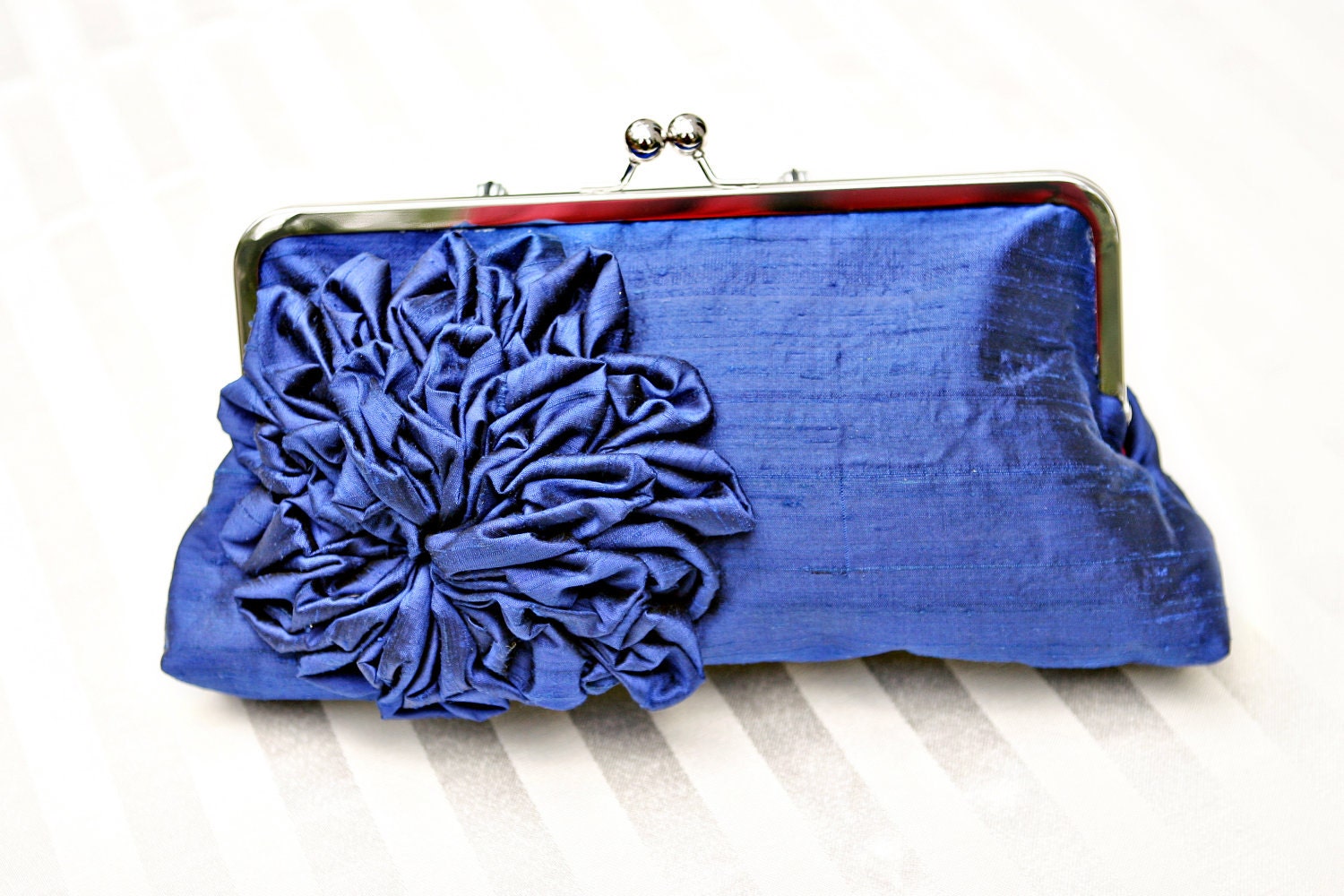 10" Cobalt Blue Silk Clutch with Ruffle Flower - Custom