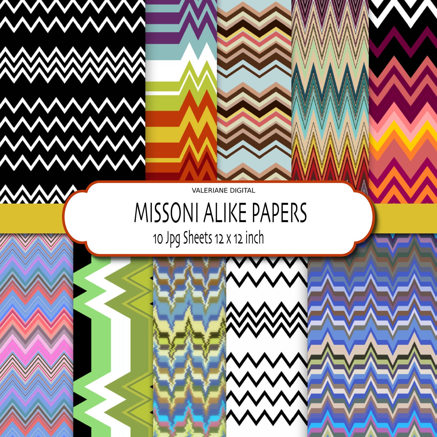 Missoni alike digital scrapbook paper pack - Printable 10 jpg files - 12x12 inch - INSTANT DOWNLOAD Pack 324