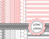 Classic Pink and grey Digital Scrapbook Paper and elements: INSTANT DOWNLOAD 20 sheets 2 frames and 2 borders - Pack 070