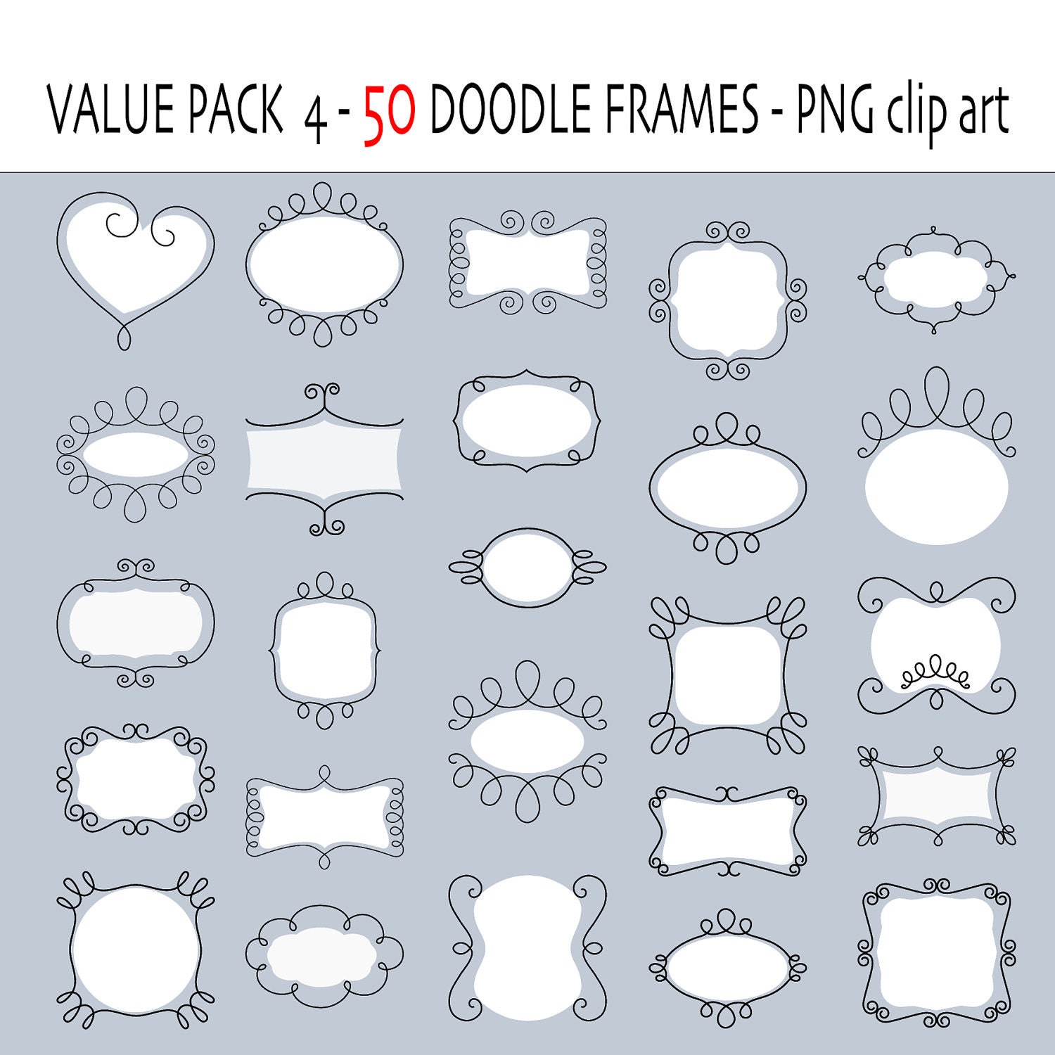 Value Pack 4: 50 digital doodle frames, labels - Digital clipart frames - Doodles - INSTANT DOWNLOAD - 75 PNG files Pack 158