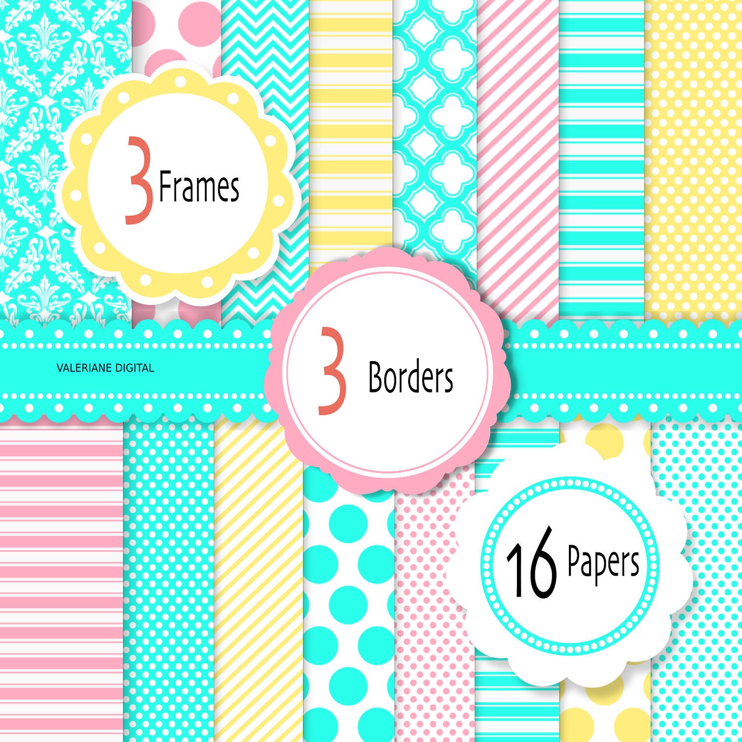 Turquoise pink and yellow Digital scrapbook printable paper and clipart, 16 sheets and 6 clip arts - INSTANT DOWNLOAD Pack 221