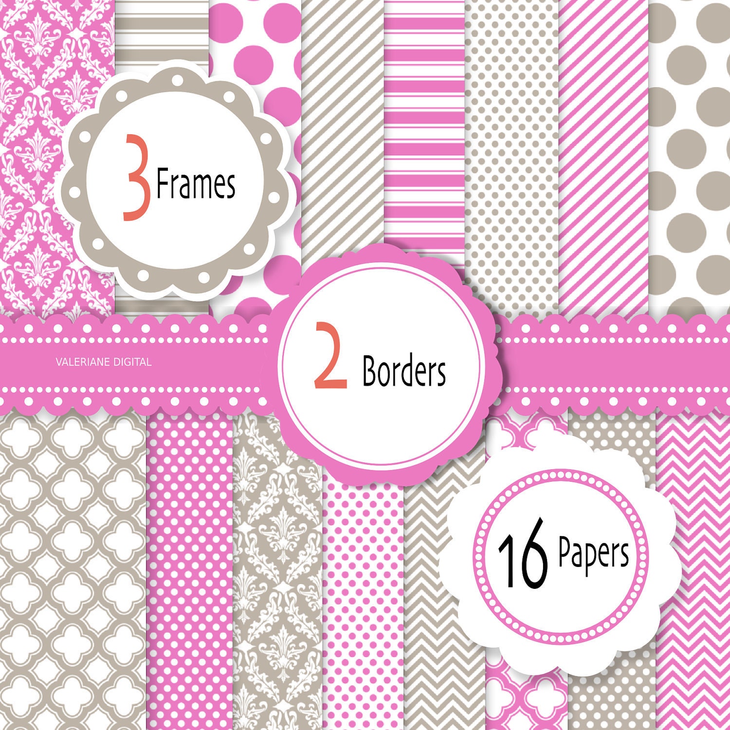 Pink and grey Digital Scrapbook Paper and elements: 16 sheets 3 frames and 2 borders - INSTANT DOWNLOAD Pack 230