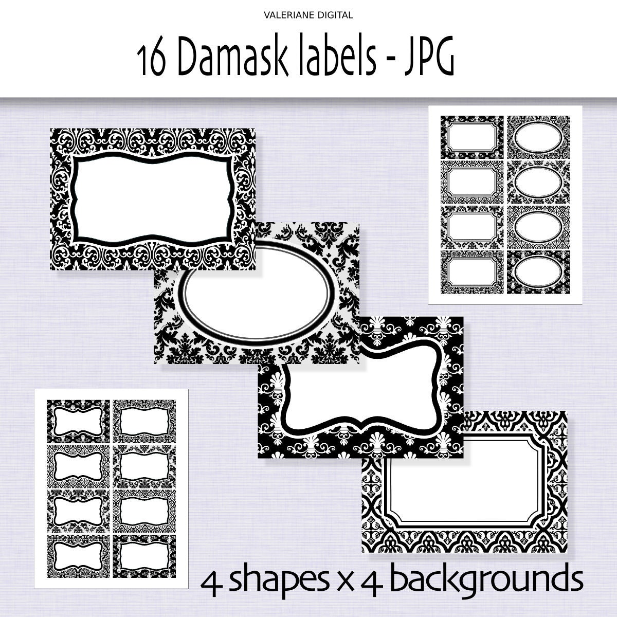 16 Damask printable labels, Digital labels, black and white labels and tags- Digital damask labels - INSTANT DOWNLOAD Pack 246