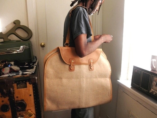 Vintage Linen and Leather Garment Bag