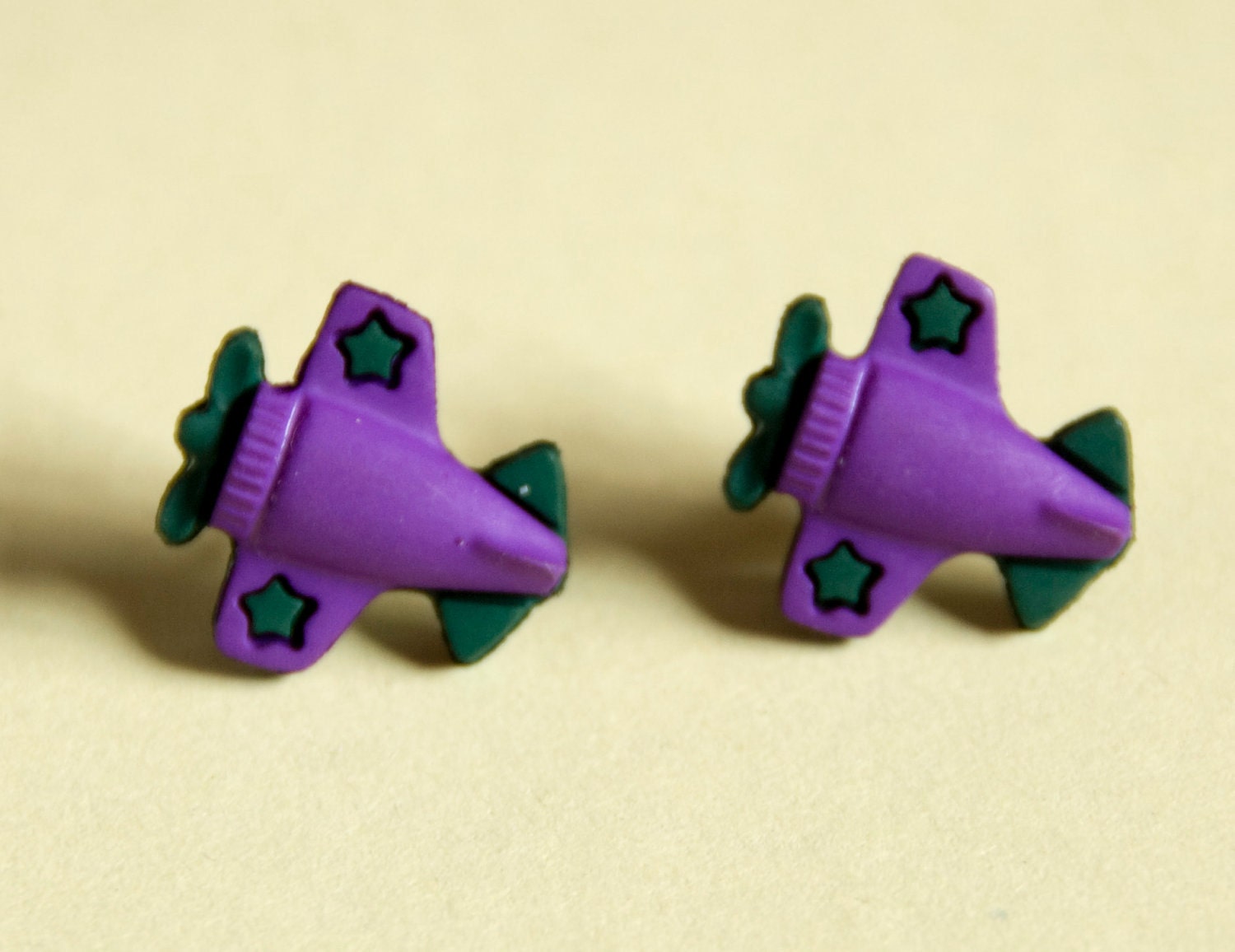 Purple and Green Airplane Earrings