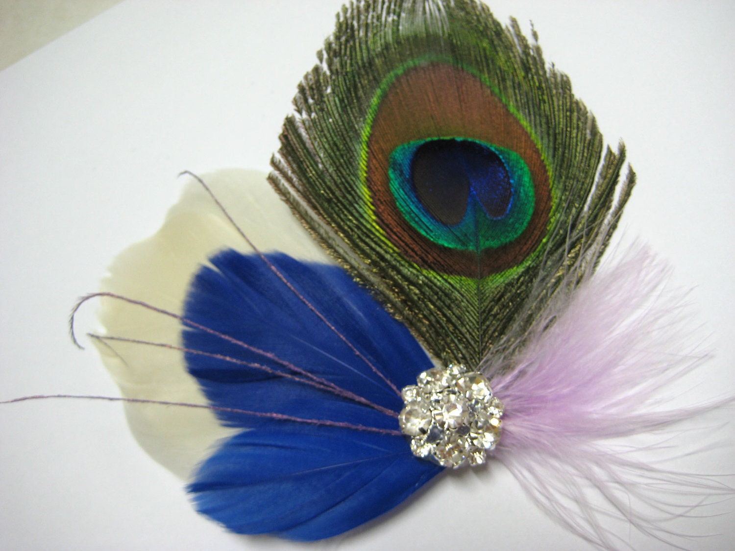 Wedding Bridal Bridesmaid Ivory Lilac Royal Blue Peacock Feather Rhinestone Jewel Head Piece Hair Clip Fascinator Accessory