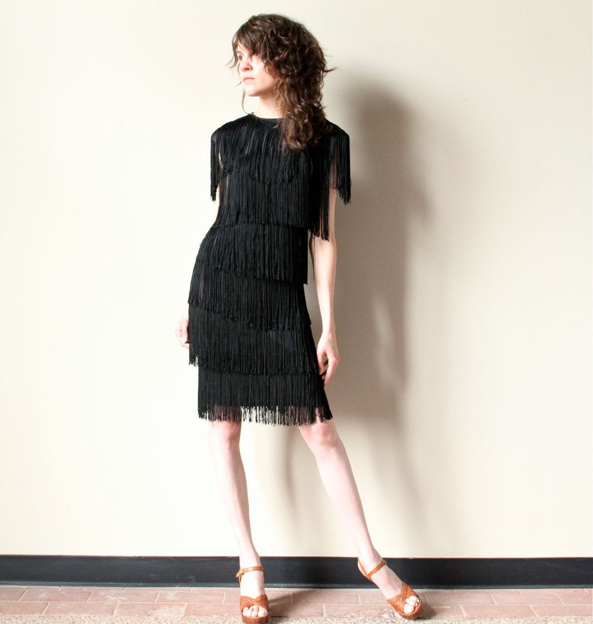 Fringe Flapper Dress - vintage 80s fully fringed little black dress, peekaboo keyhole, burlesque bombshell party frock