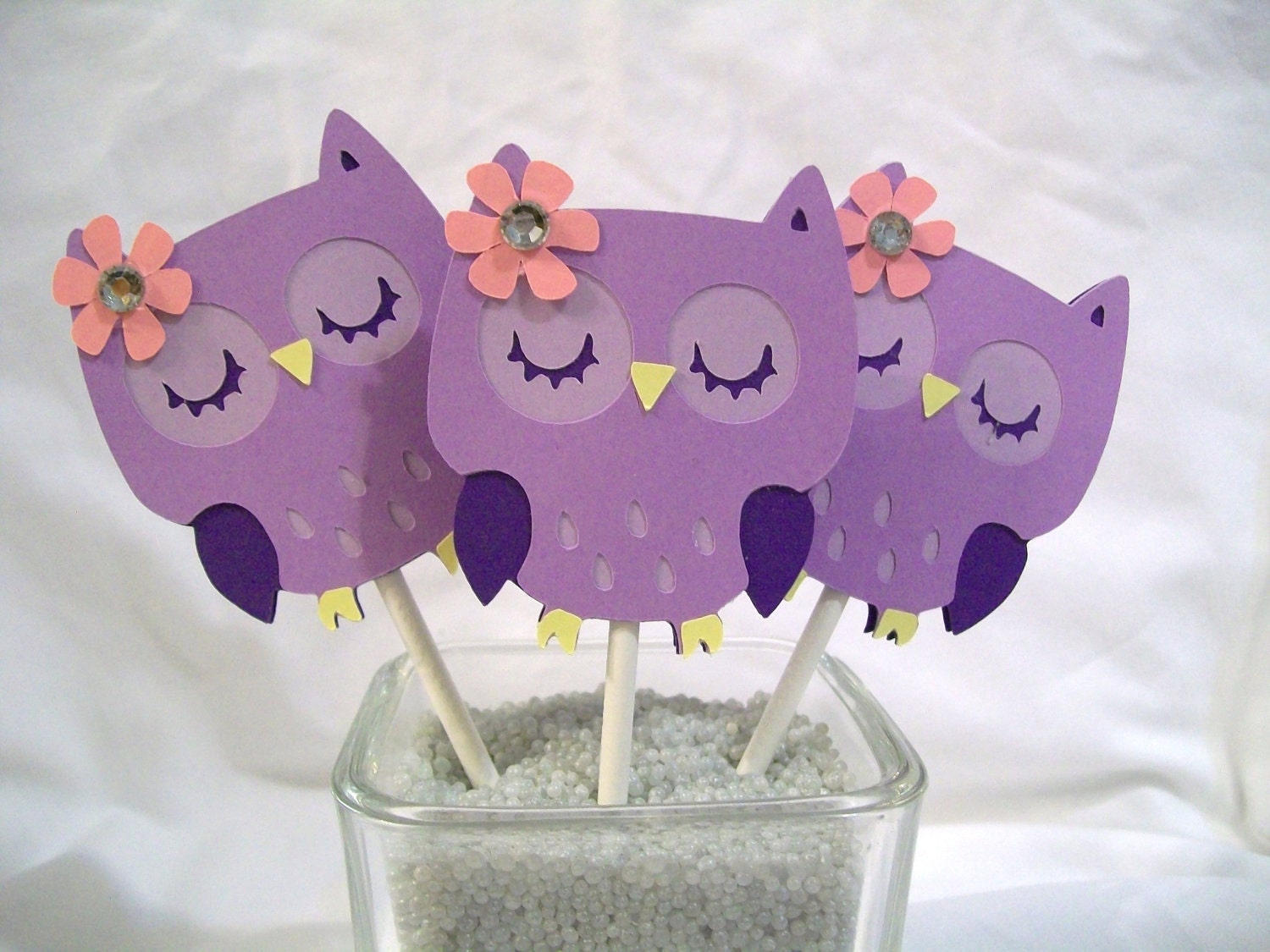Lavendar owl cupcake toppers with pink flowers, set of 12