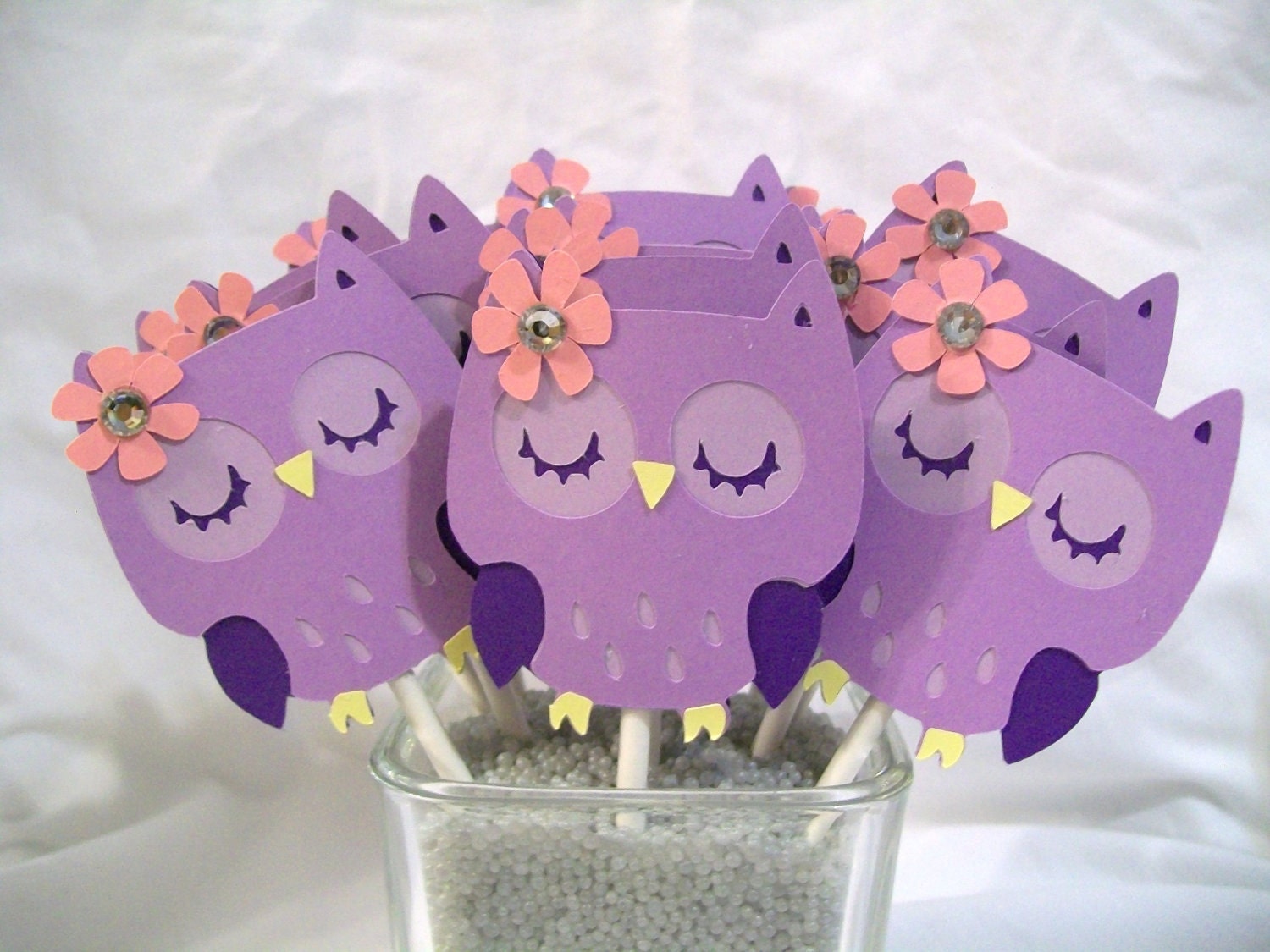 Lavendar owl cupcake toppers with pink flowers, set of 12