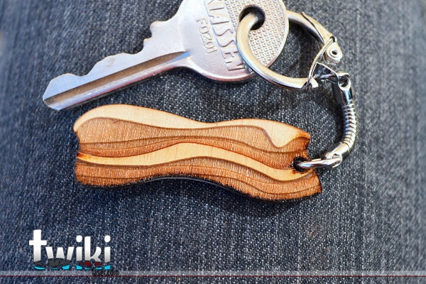 Laser cut and engraved Bacon wood keyring