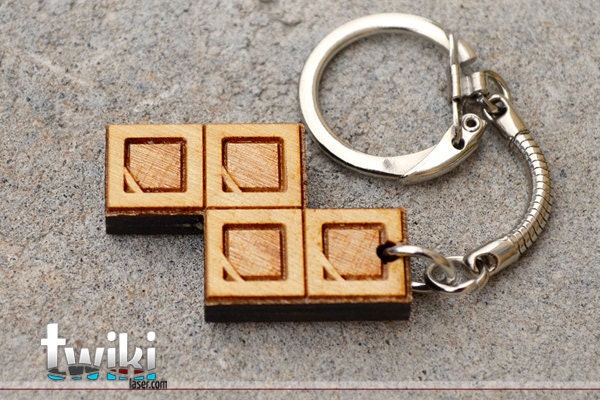 Laser cut and engraved Tetris "S" wood keyring