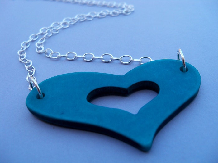 Retro Heart Necklace, Large Teal Acrylic Heart on Silver