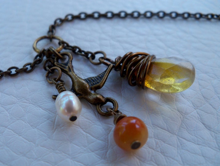 Antiqued Bronze Necklace with Galaxy Quartz, Pearl, Red Aventurine and Sparrow Charms, 18 inches long