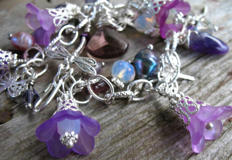 Dragonfly Flower Garden, Purple and Silver Charm Bracelet