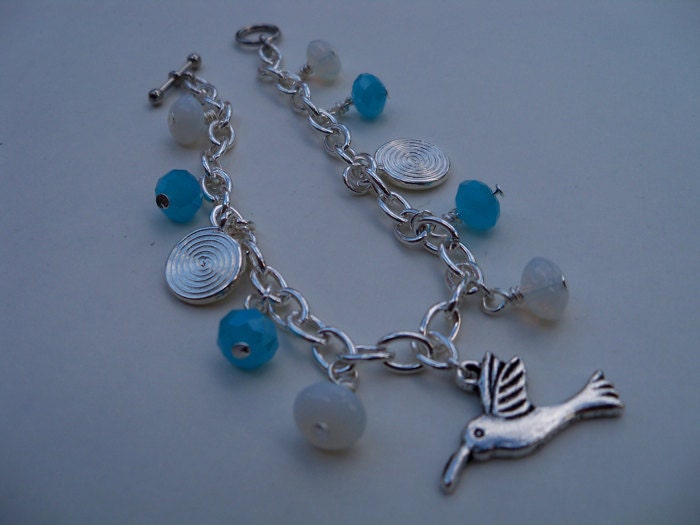Silver Hummingbrd Charm Bracelet, Sky Blue, Silver and Opalite, 8 inches