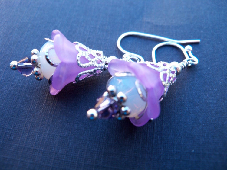 Silver Flower Earrings, Purple and Silver Lucite Flower Earrings with Opalite and Crystal