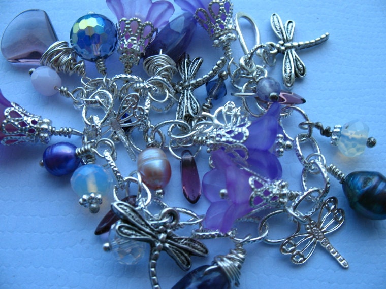 Dragonfly Flower Garden, Purple and Silver Charm Bracelet
