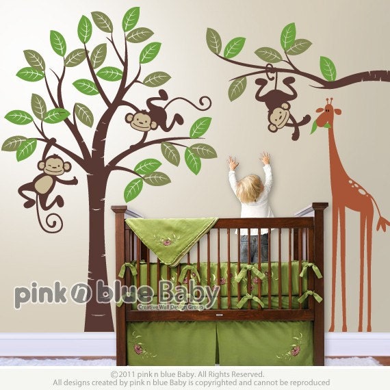 Wall Decals, Monkeys and giraffe , Nursery Kids Wall Decal, Nursery Wall Decor