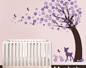 Cherry Blossom Tree with fawn and bunnies :  Nursery Kids Wall Decal