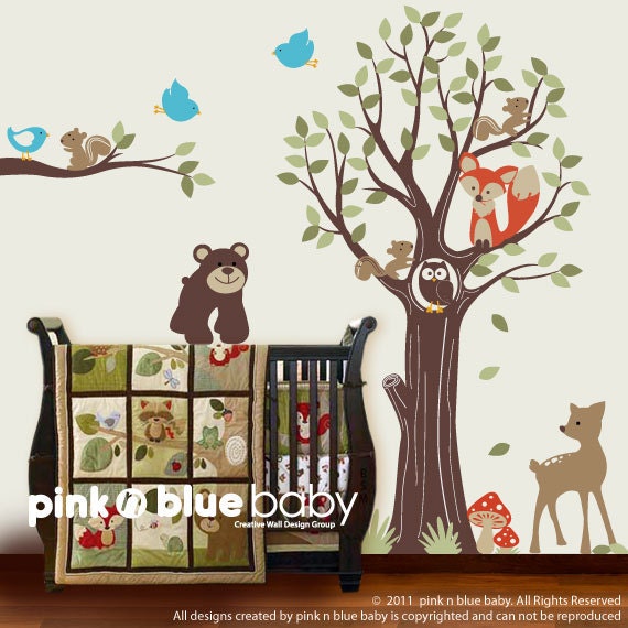Wall decal, Adorable Animal Friends with Tree - Kid's Nursery Room Wall Sticker