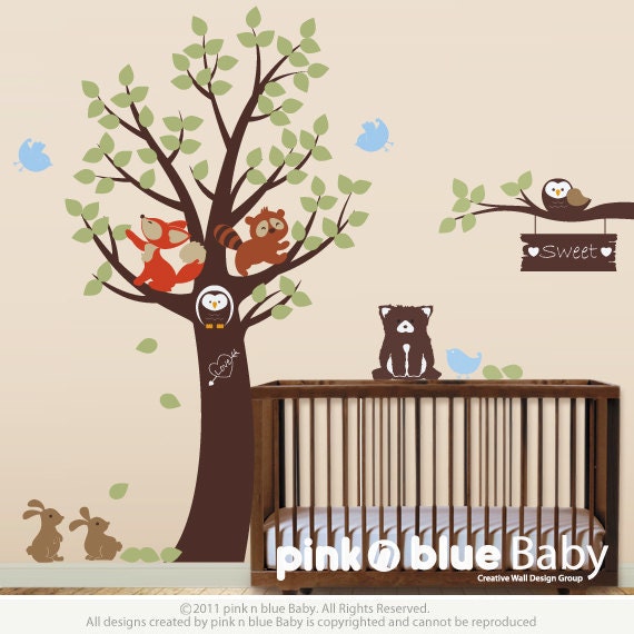 Vinyl Wall Decal, Small Animal Friends with Tree - Kids Vinyl Wall Sticker Decal Set