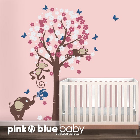 Two girl monkeys and elephant with cherry blossom tree - FREE Butterflies..