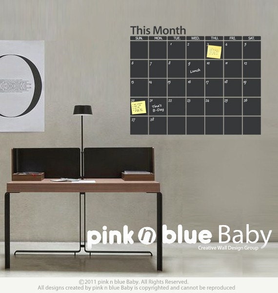 Wall Chalkboard Calendar, Modern Chalkboard Calendar, Office Wall Decal