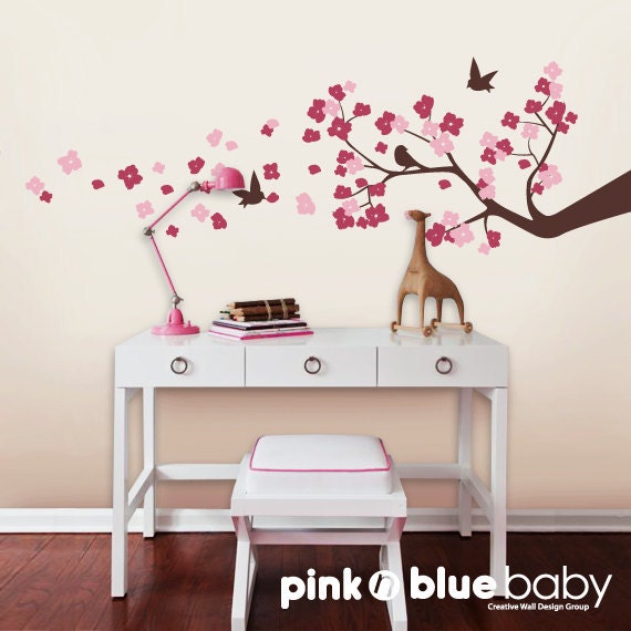 Wall Decals, Cherry Blossom Branch, Birds, Nursery Kids Removable Wall Decal