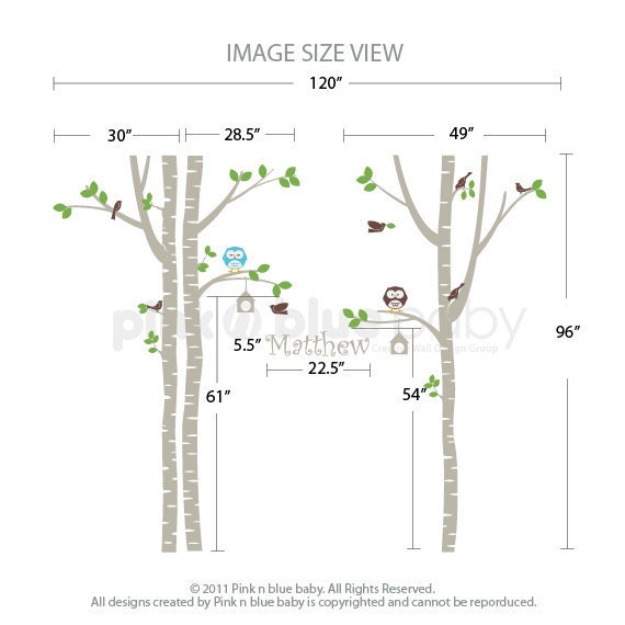 Wall Decals - Birch Tree, Owl, Bird and Custom Name - Kids Baby Nursery Wall Decals