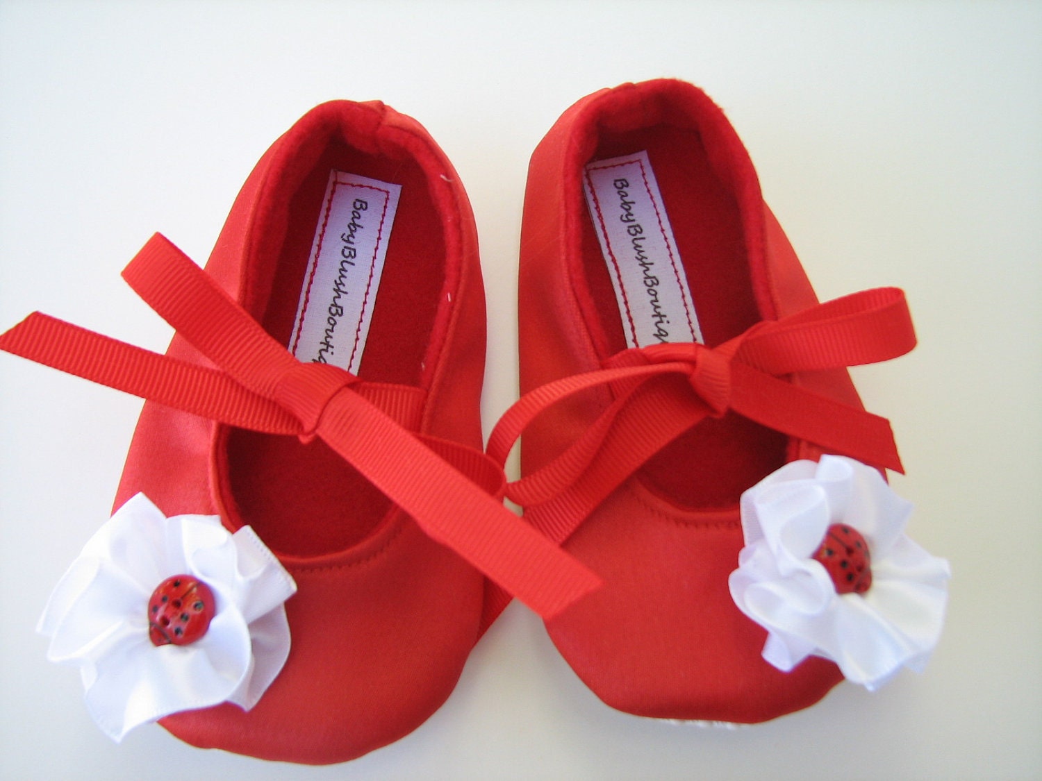 Red Satin Ladybug Baby Shoes - Soft Ballerina Slippers Baby Booties