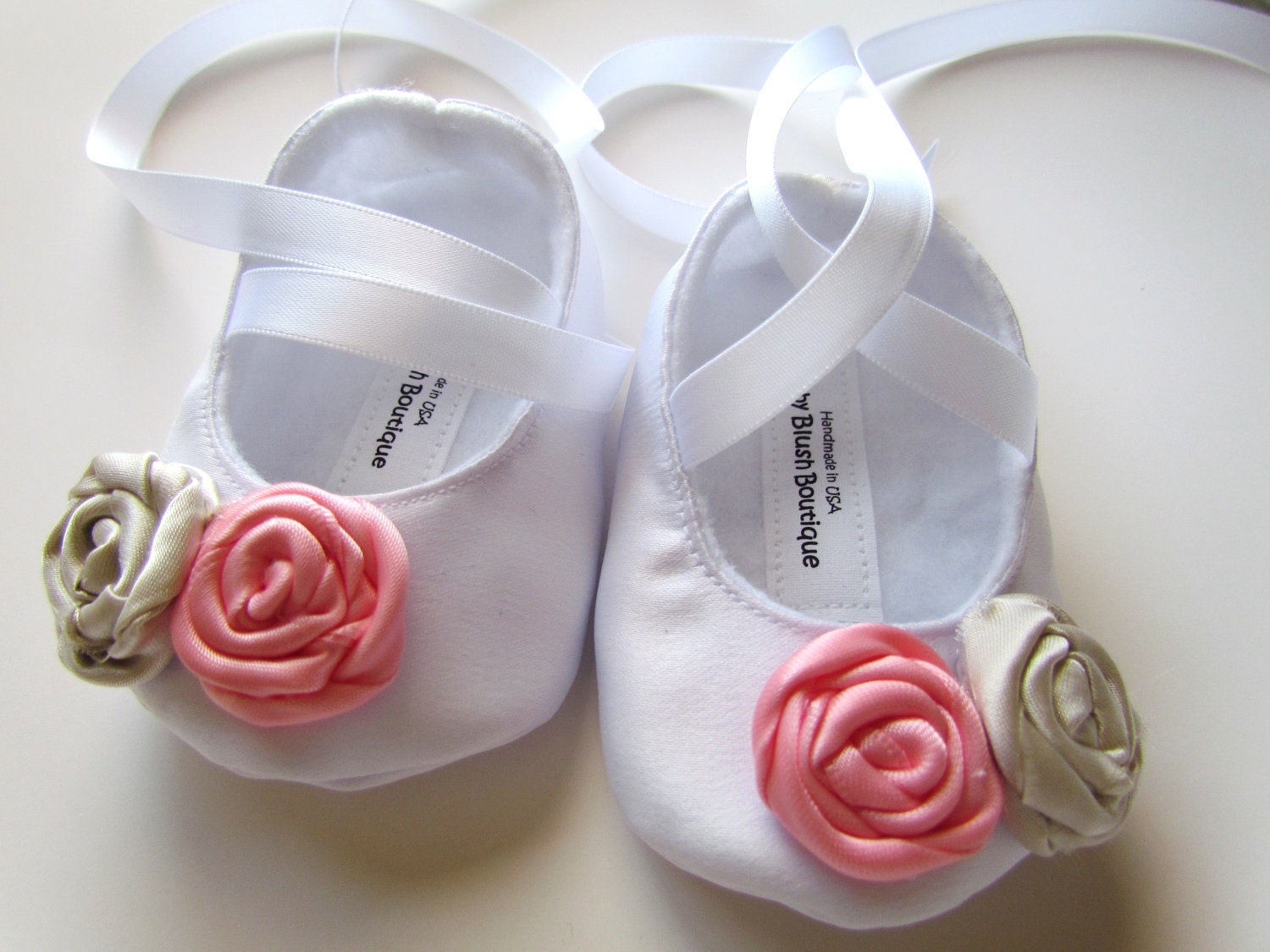 Satin White Baby Shoes with Rosettes Soft Ballerina Slippers Baby Booties