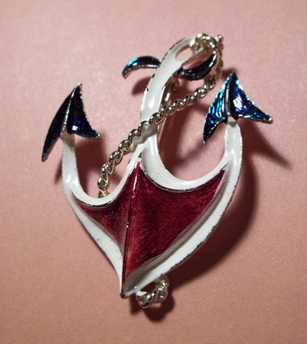 Vintage Gold Metal With Enamel Anchor Brooch, Pendant