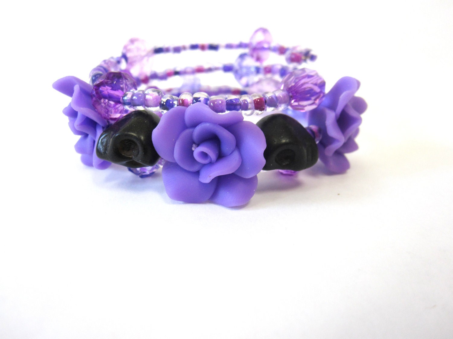 Day of the Dead Bracelet Sugar Skull Wrap Around Cuff Rose Skulls Purple Black