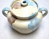 Early 1970s Lidded Dish Spatter Splatter Speckle Ware In Blue Brown & White Handled Lamp Base