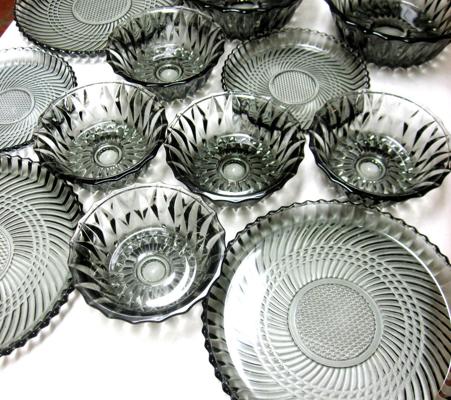 Smoke Black Glass Serving Set 12Pc Industrial Chic Bowl Dish Tray Platter Huge Set