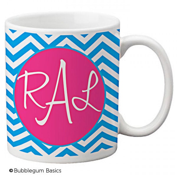 CUSTOM personalized Coffee Mug Cup for Kitchen or Home Blue Hot Pink Chevron Stripes any color monogram