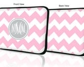 Custom LAPTOP MACBOOK Sleeve Light Pink Chevron Gray Monogram 11" 12" 13" 14" 15" - Personalized Monogram - Design Printed on Front AND Back