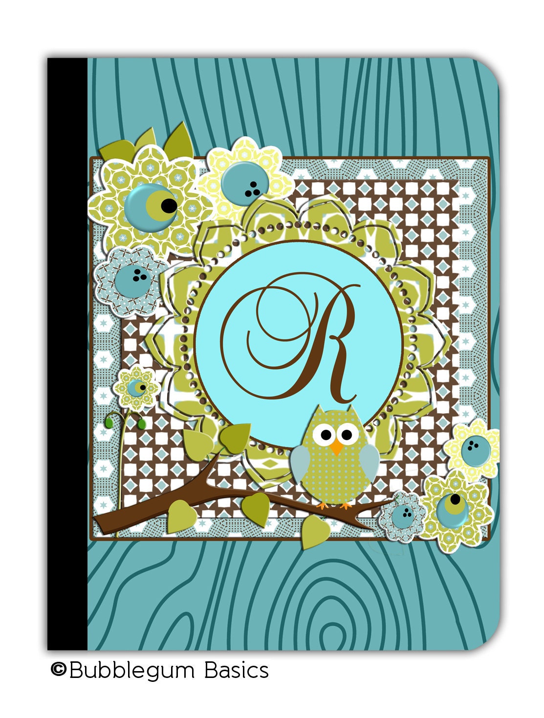 PERSONALIZED IPAD 2 3 New folio Case Teal Blue OWL Scrapbook Circle Fancy Initial Custom any color monogram design